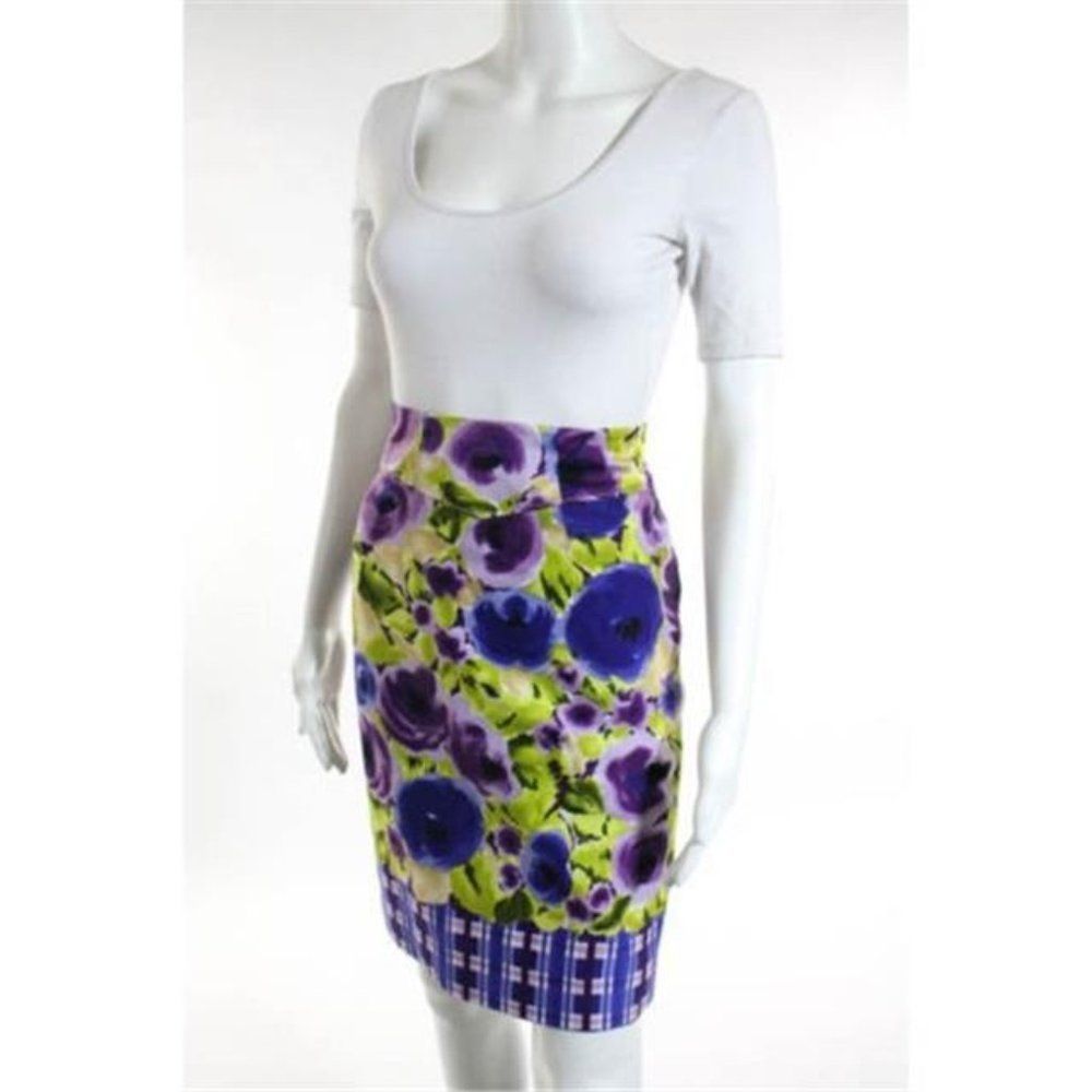 Anthropologie Baraschi Multi Floral Plaid Pencil Skirt Size 0 - Picture 4 of 9
